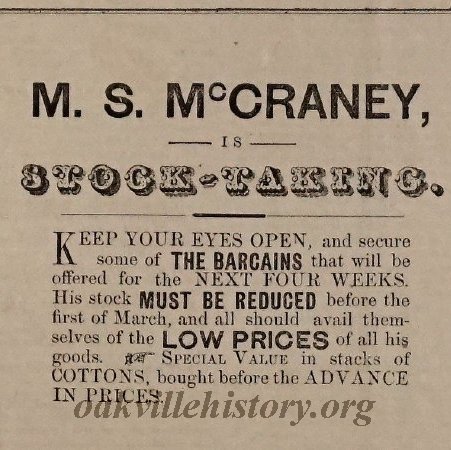 Ad for Moses S. McCraney's general store , Oakville Express March 26, 1880
