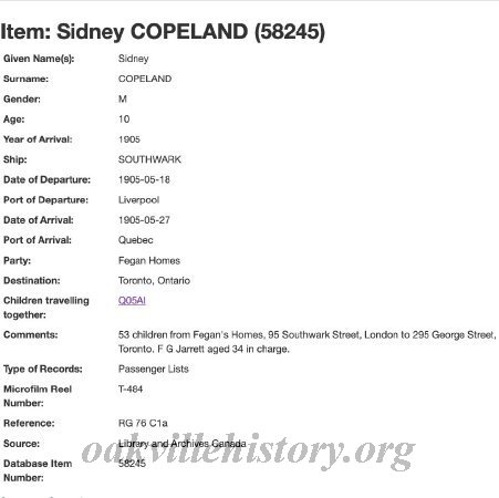 Copeland, Sydney Lac Immigration Sheet